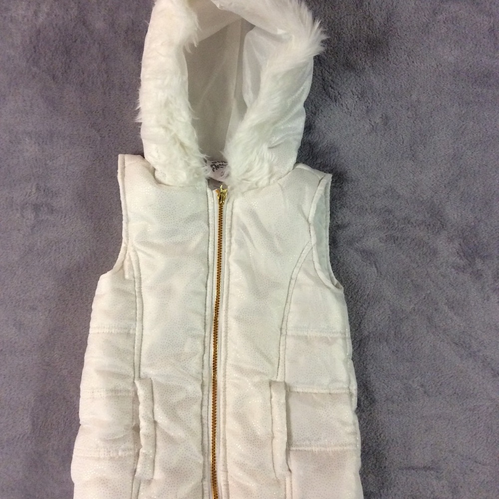 Satin Flowers Faux Fur Trimmed Hood Puffy Vest 3T